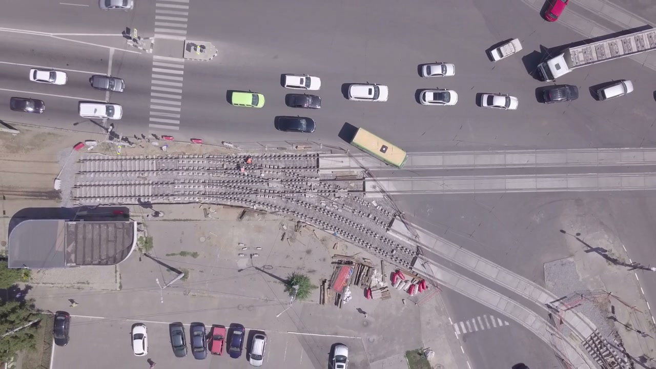 Drone View of Urban Intersection and Tram Track Construction