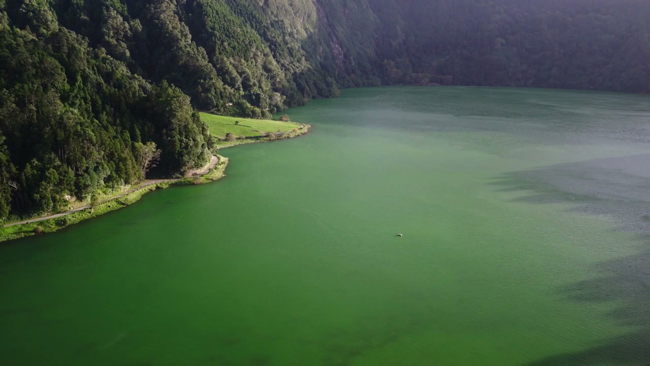 Aerial View Green Crater Lake Azores
