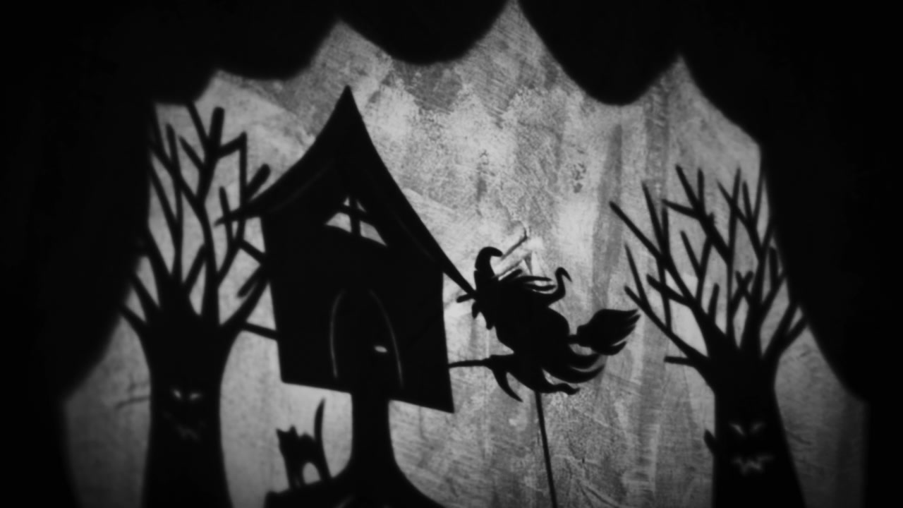 Witch on Broomstick Shadow Puppet Scene