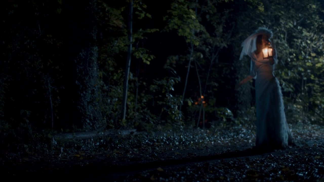 White Lady Walking with Lantern in Dark Forest