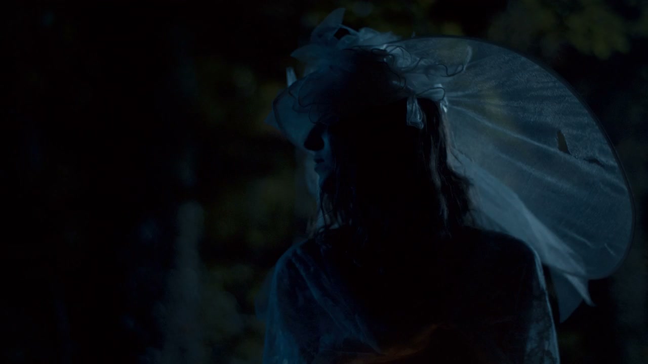 White Lady With Lantern in Dark Forest