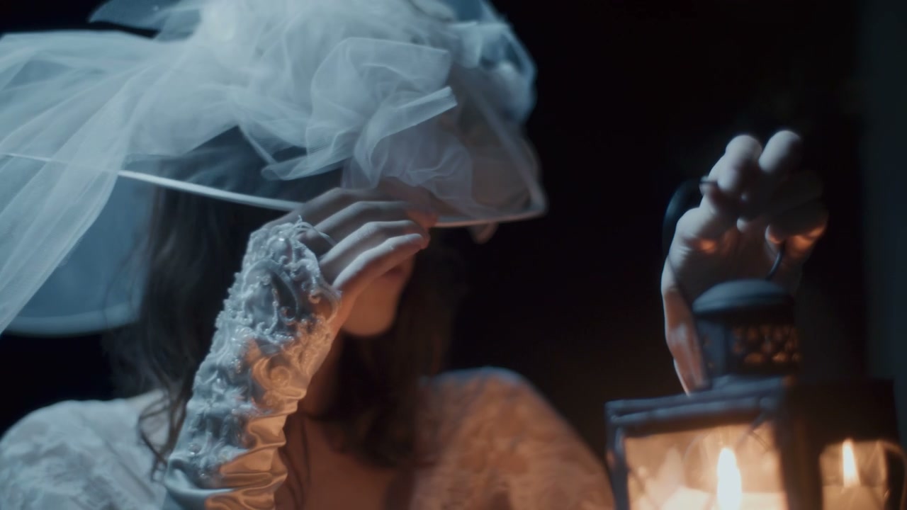 Mysterious Woman Adjusting Veil with Lantern
