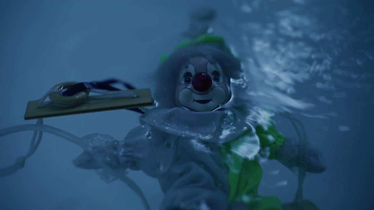 Eerie Clown Doll Floating Underwater