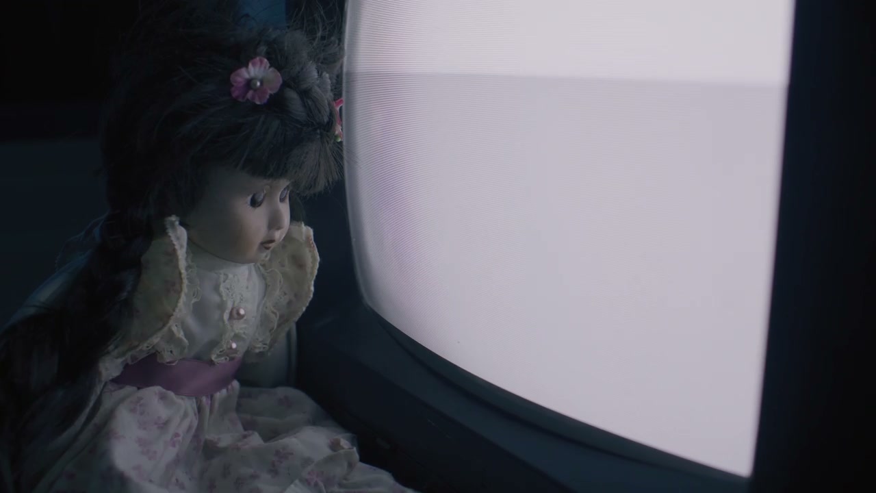 Vintage Doll Watching Static on Old Television