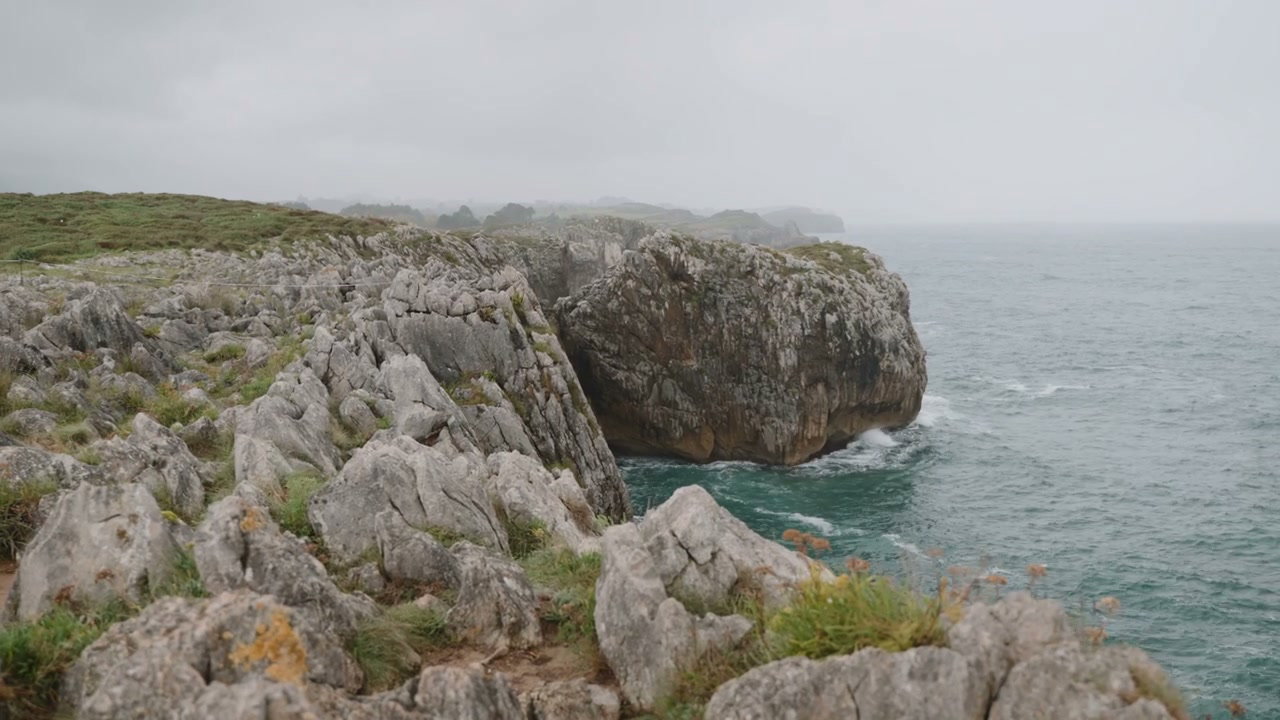 Rocky Coastline and Waves on an Overcast Day