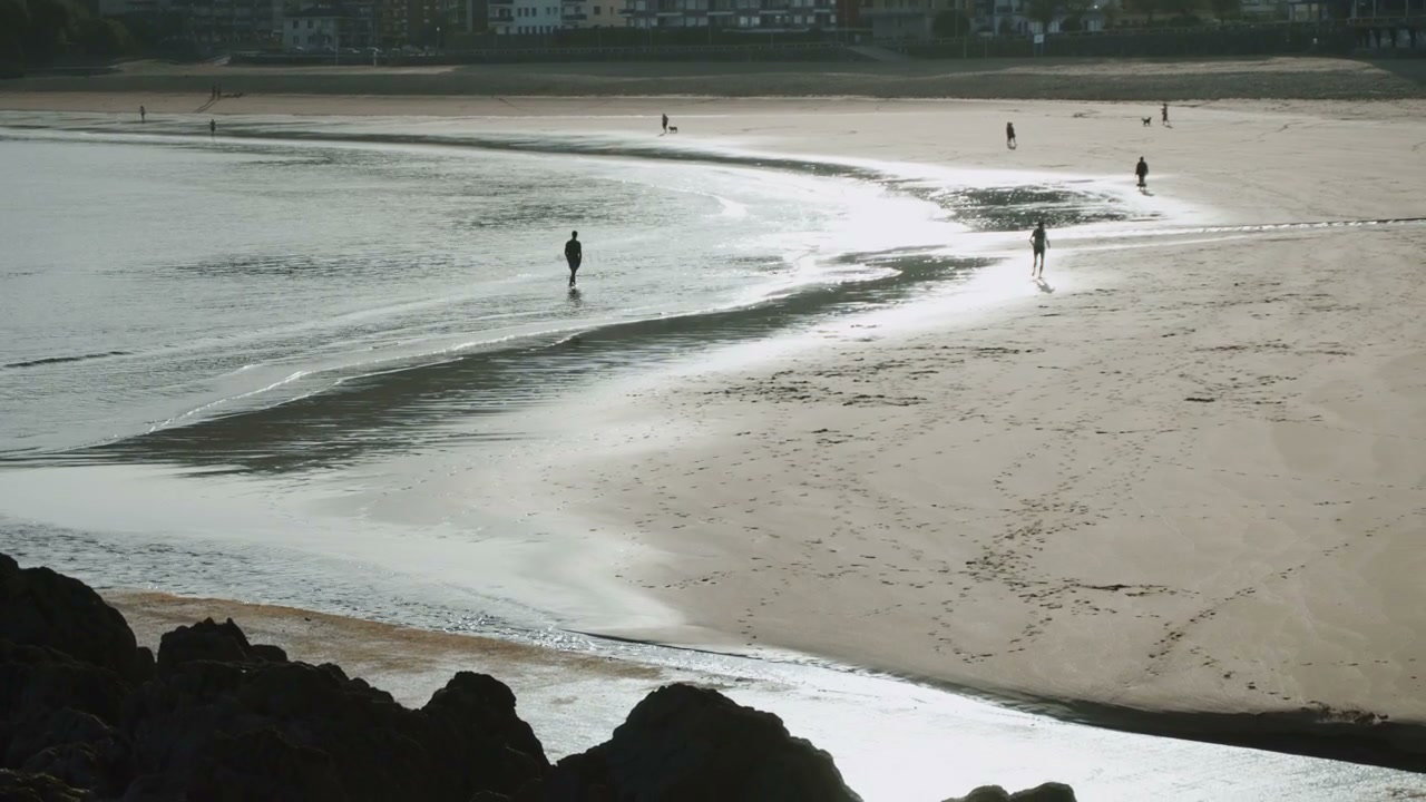 People Strolling on Sandy Beach, Northern Spain