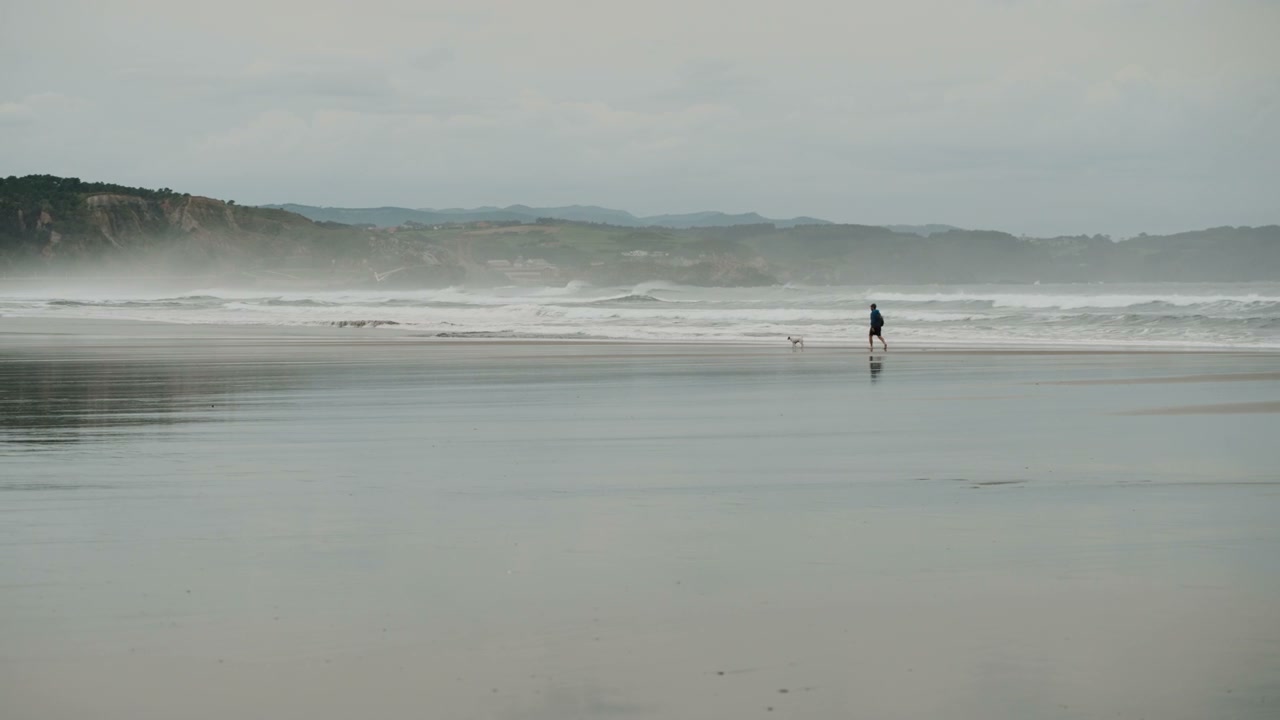 Person Walking Dog on Misty Beach, Northern Spain