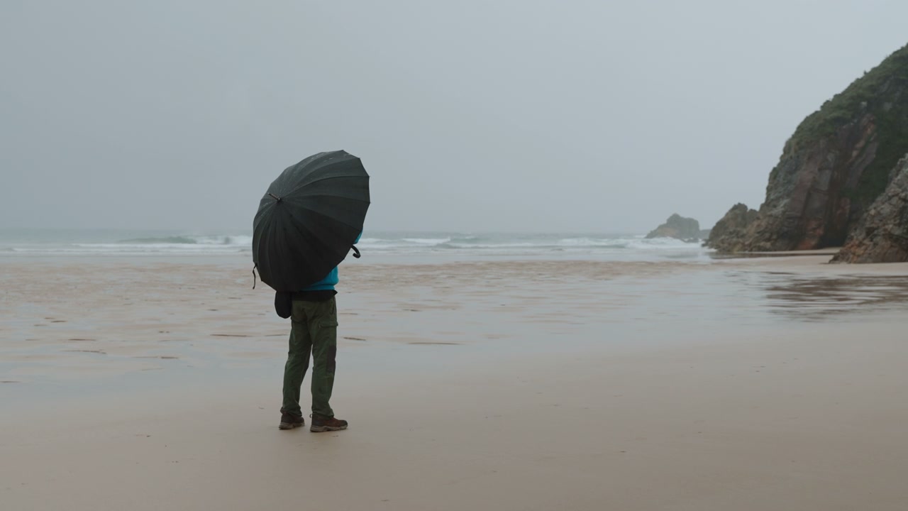 Person with Umbrella on Moody Coastal Beach