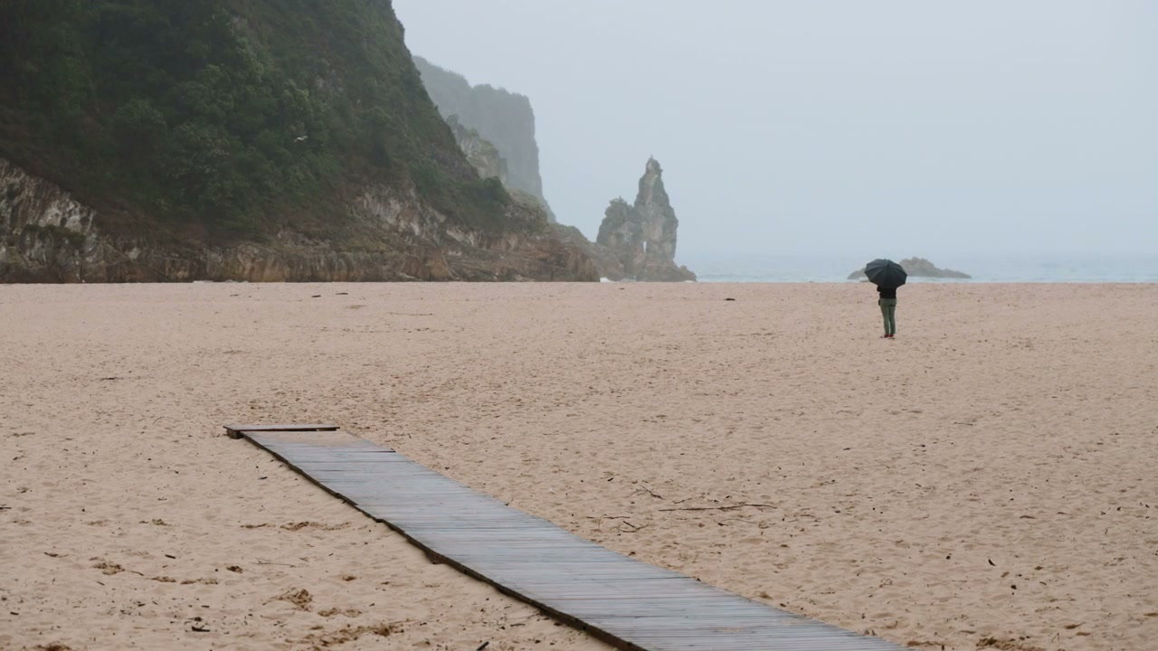 Person Under Umbrella on Rainy Beach