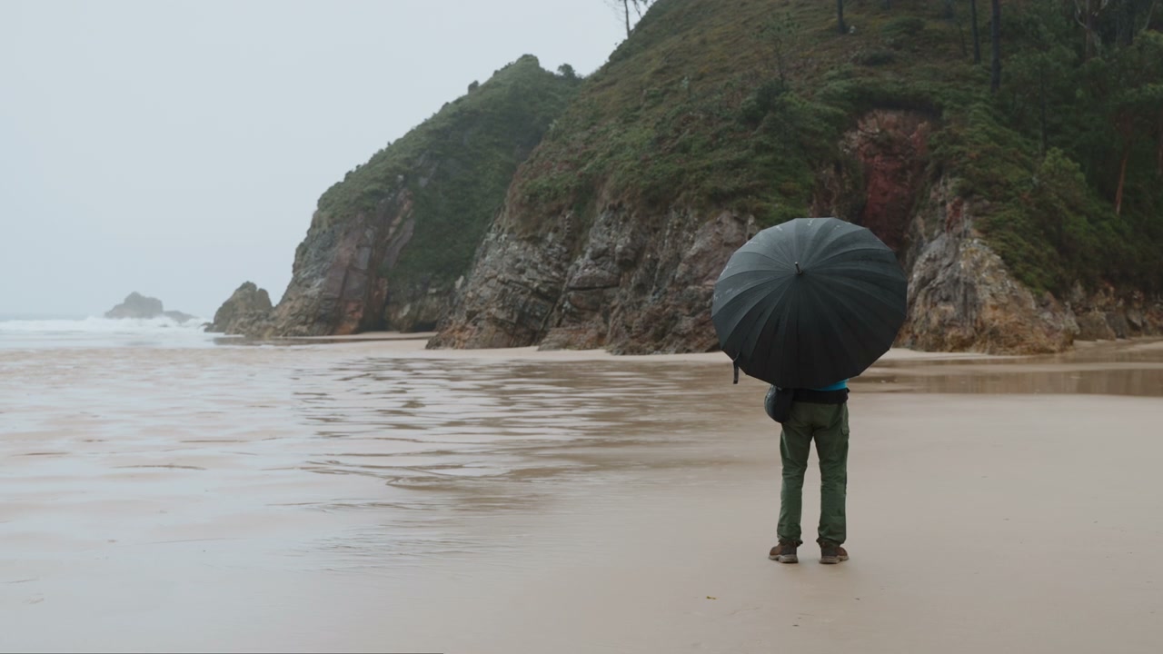 Person with Umbrella on Rainy Coast