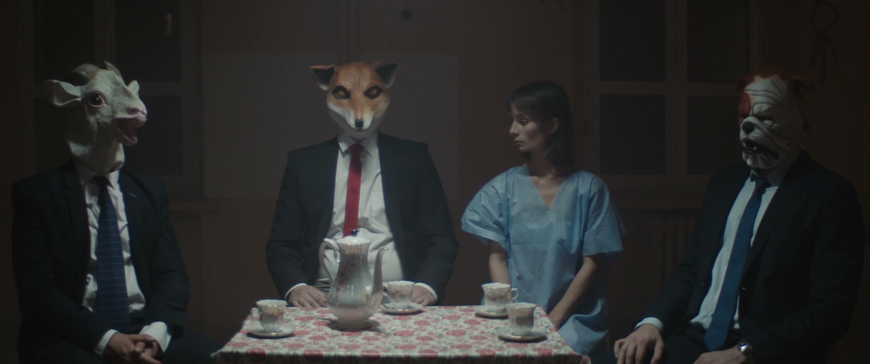 Distressed Woman, Masked Men at Surreal Tea Party