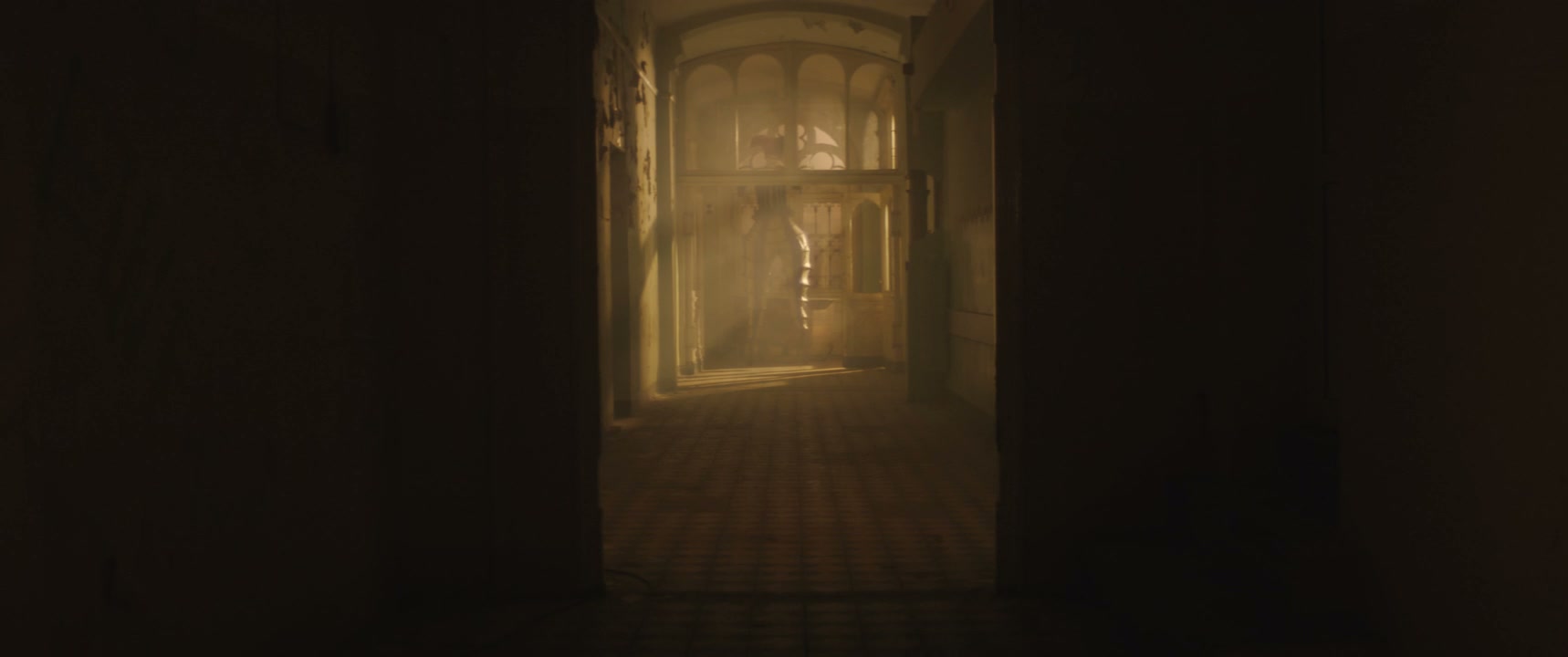 Eerie Jester Stilt Walker in Abandoned Hallway