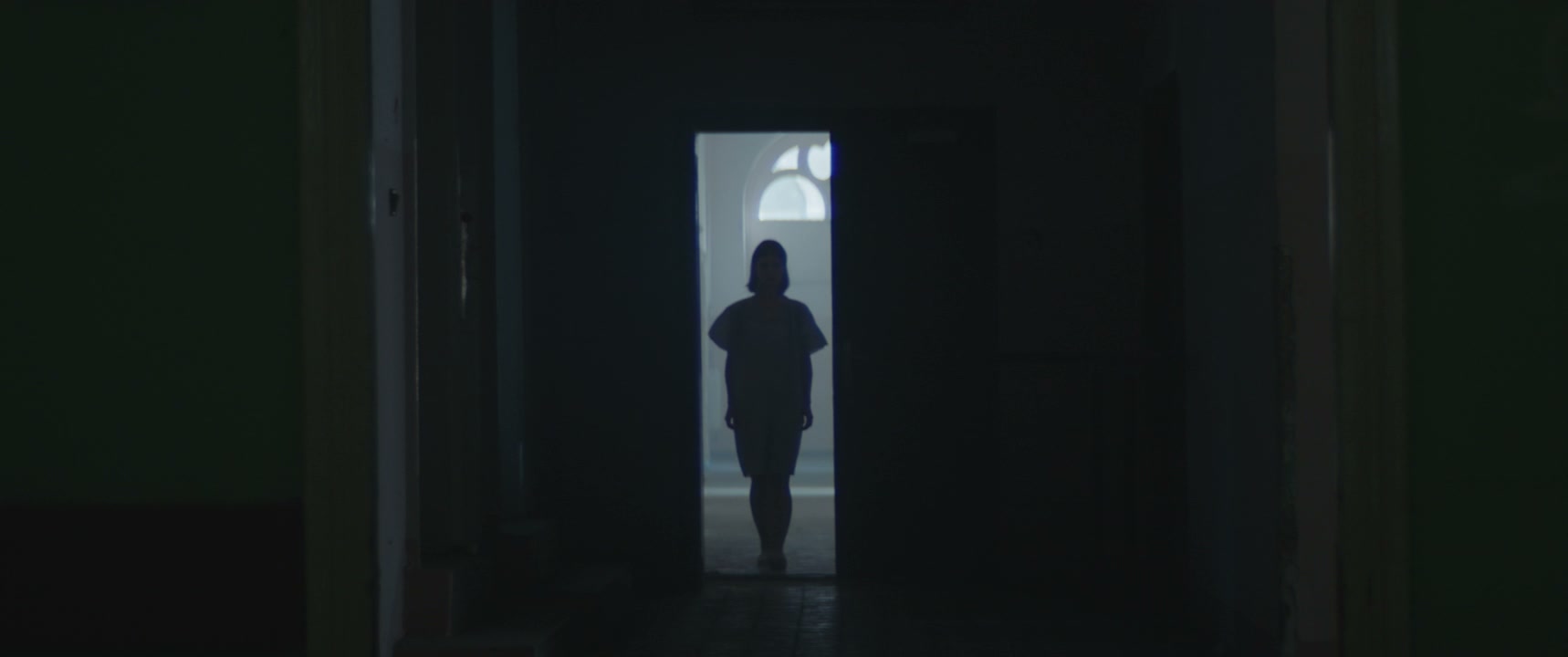 Person Silhouette in Dark Hospital Hallway