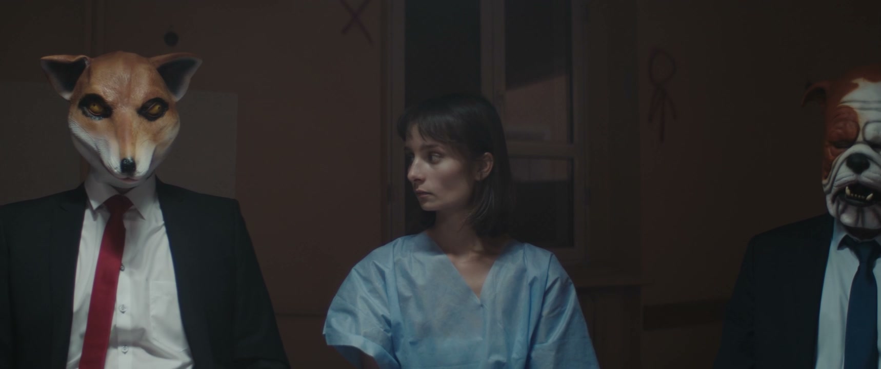 Woman in Hospital Gown and Fox Mask Figure