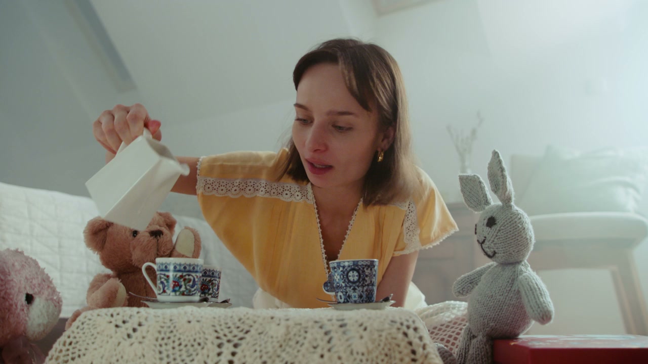 Woman Hosts Play Tea Party with Stuffed Animals