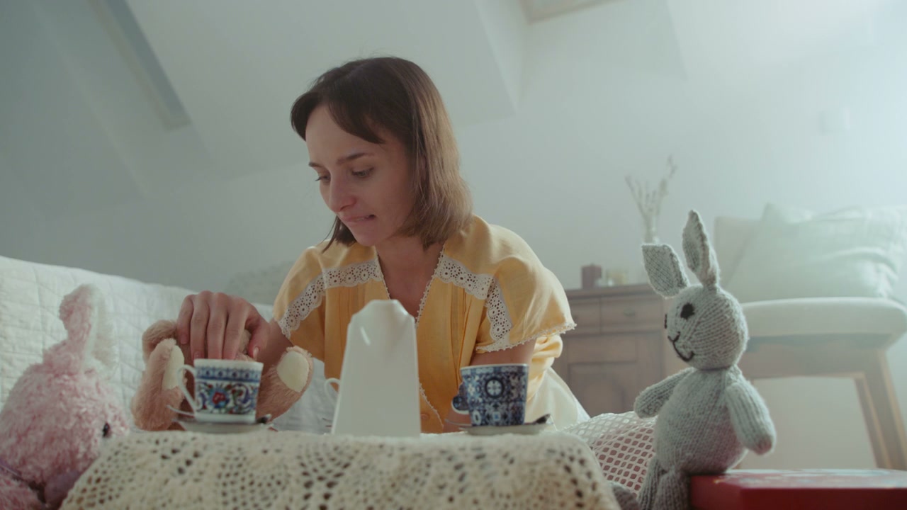 Woman Playing Tea Party with Toys