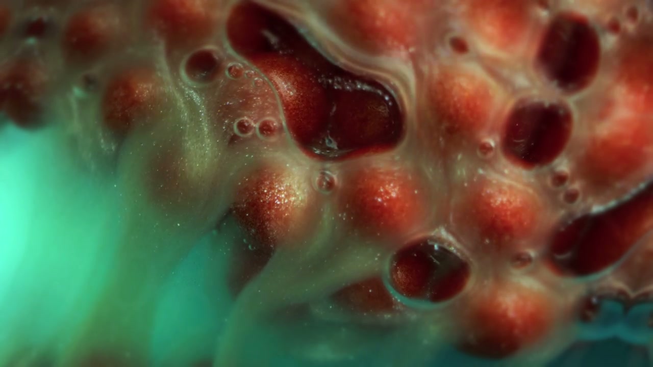 Red Organic Bubbles in Viscous Liquid