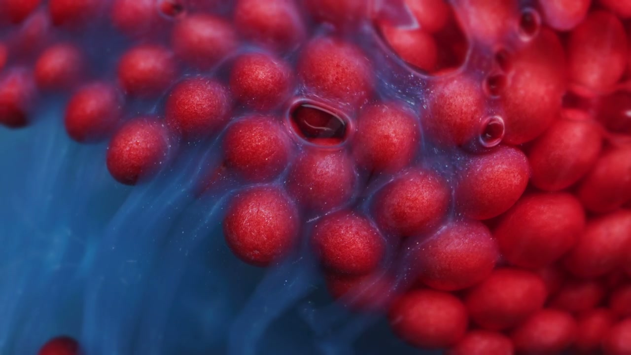 Abstract Red Organic Cells in Blue Liquid