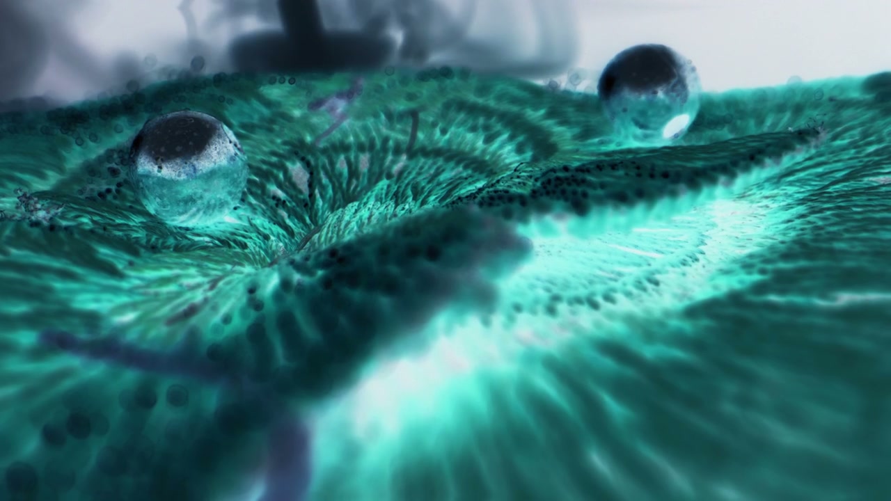 Abstract Teal Organic Surface and Translucent Spheres
