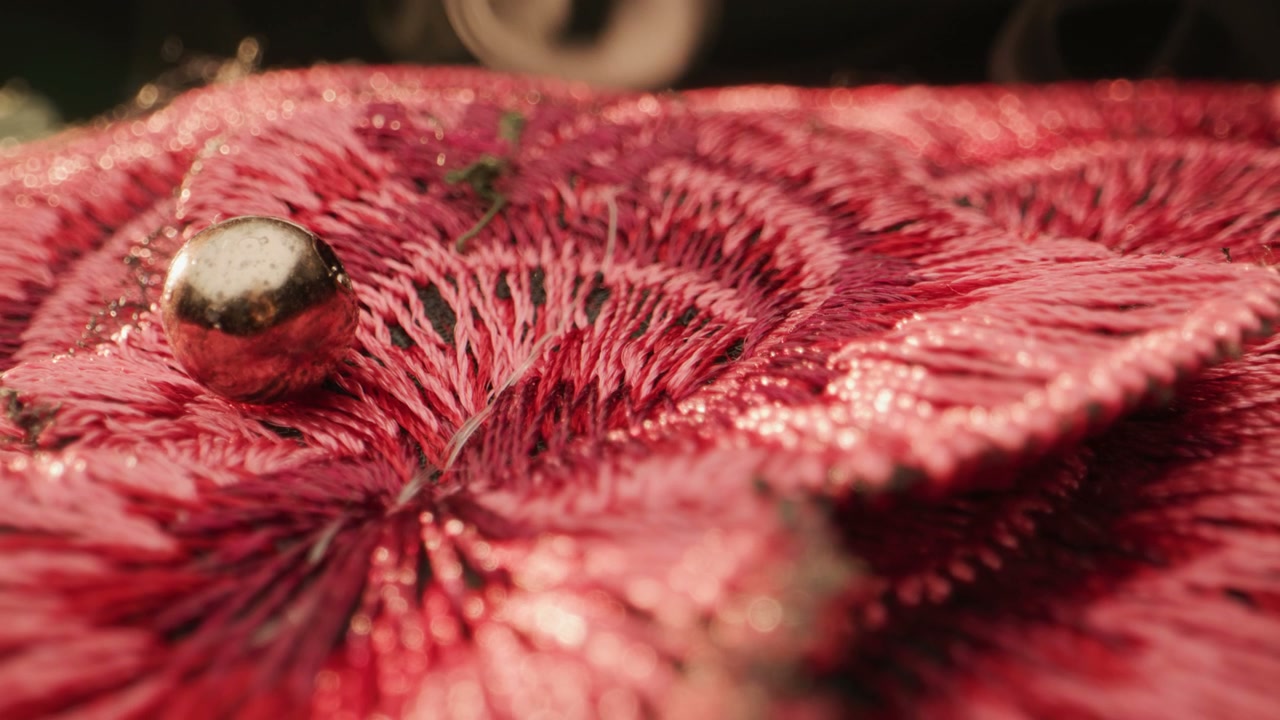 Organic Red Fabric Surface with Metallic Orbs