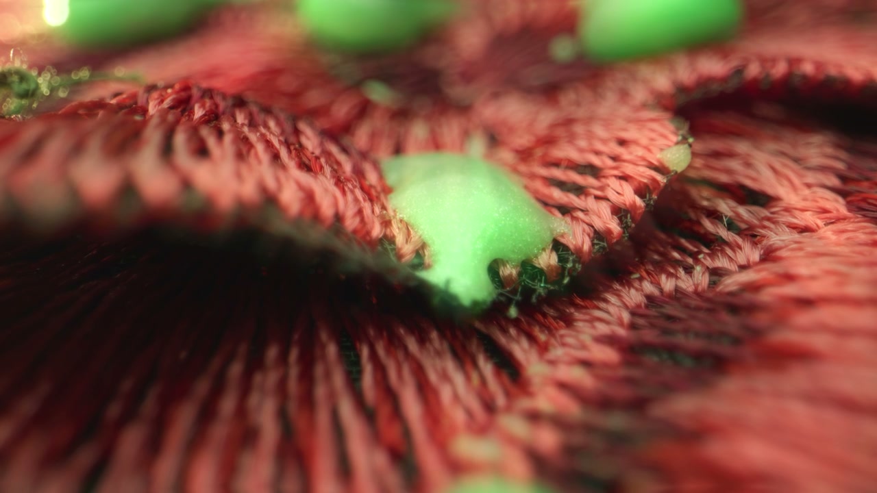 Green Liquid Drops on Red Textured Surface