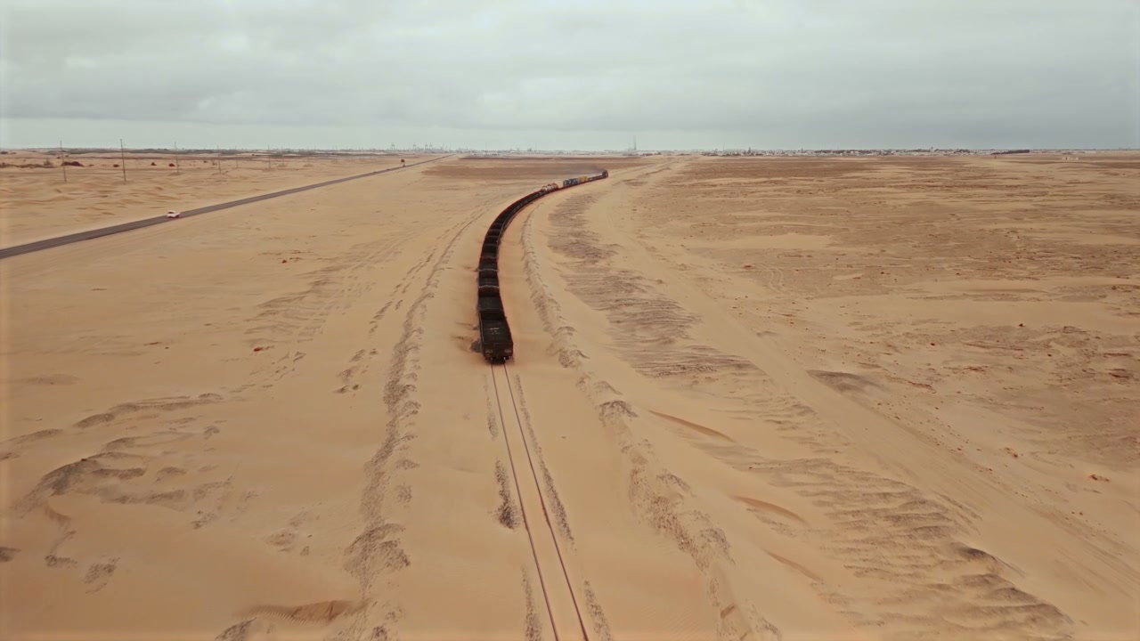 Long Freight Train in Desert Landscape