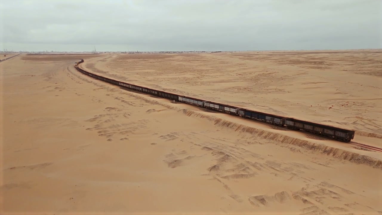 Long Freight Train Moving Through Desert