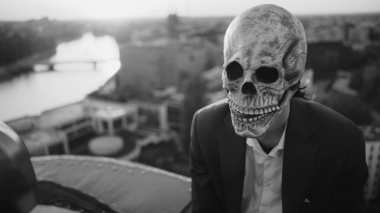 Man in Skull Mask on City Rooftop