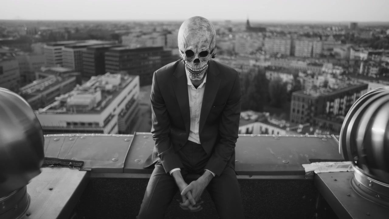 Businessman in Skull Mask on Rooftop