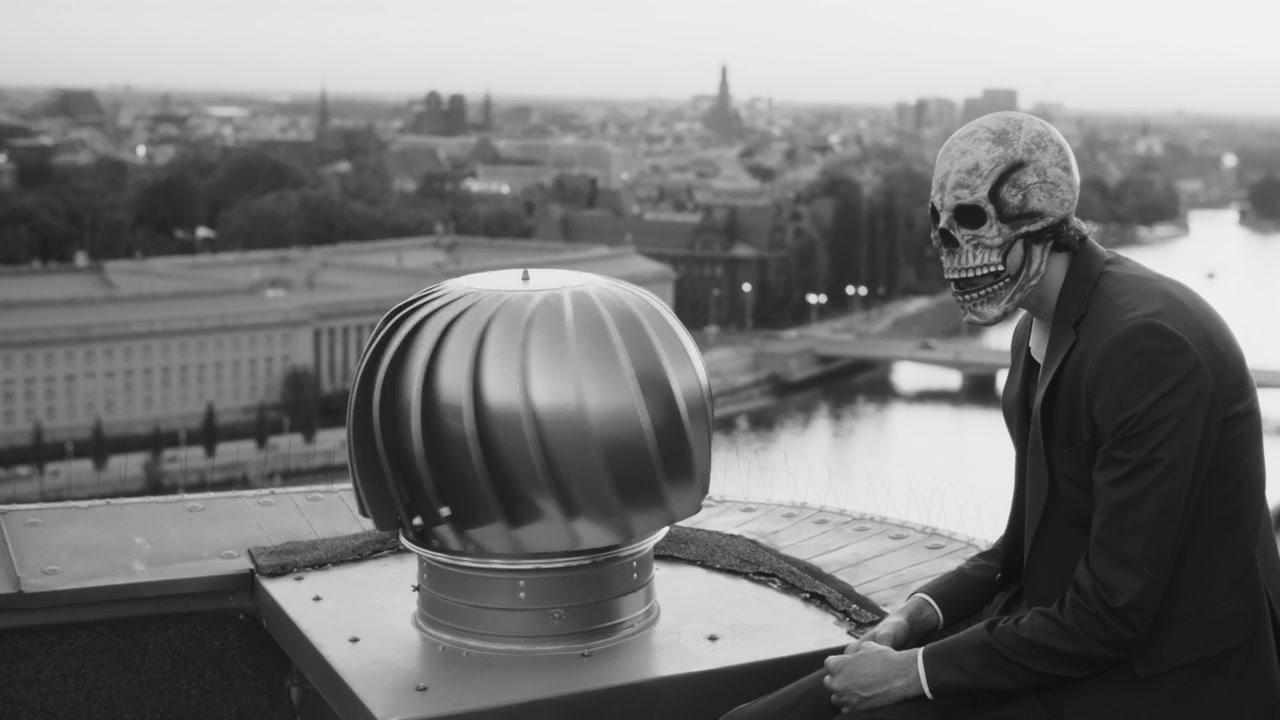 Man in Skull Mask on Urban Rooftop