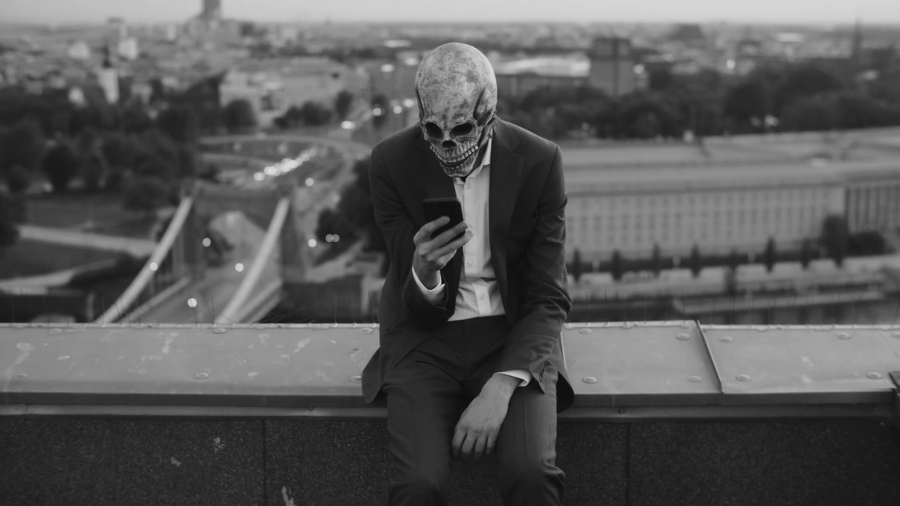 Rooftop Skeleton with Smartphone