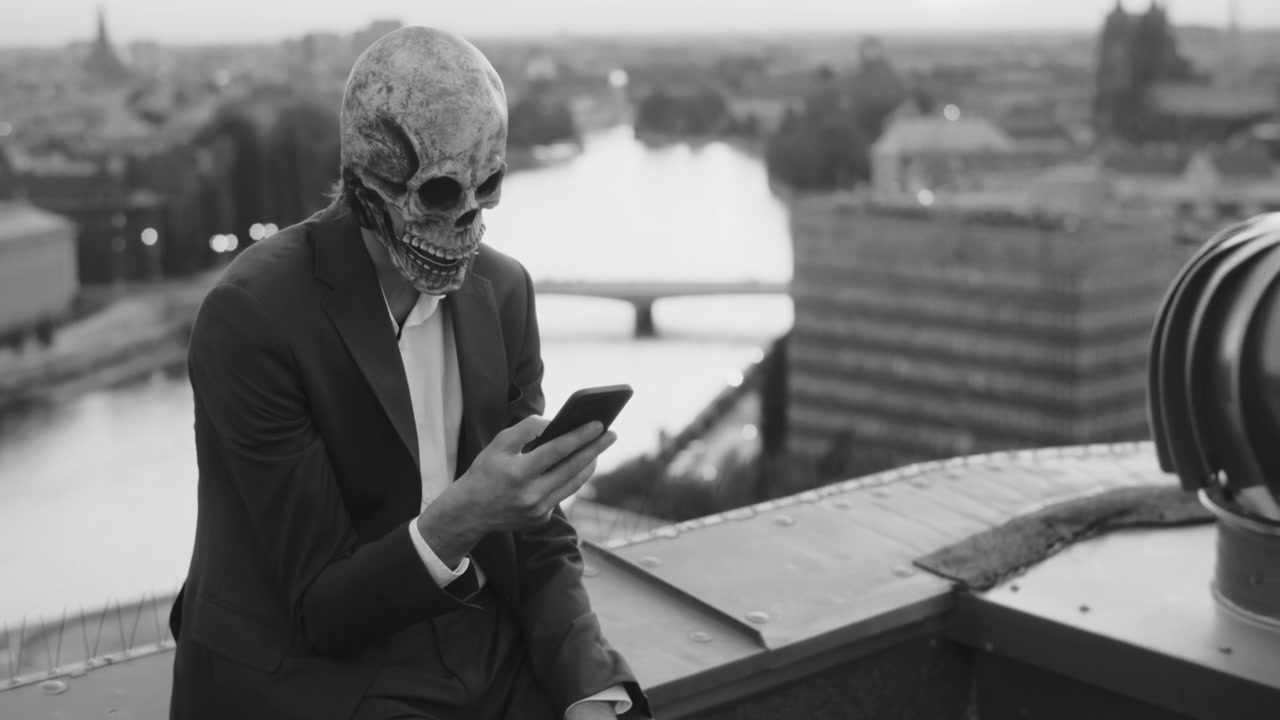 Person in Skull Mask Using Phone on Rooftop