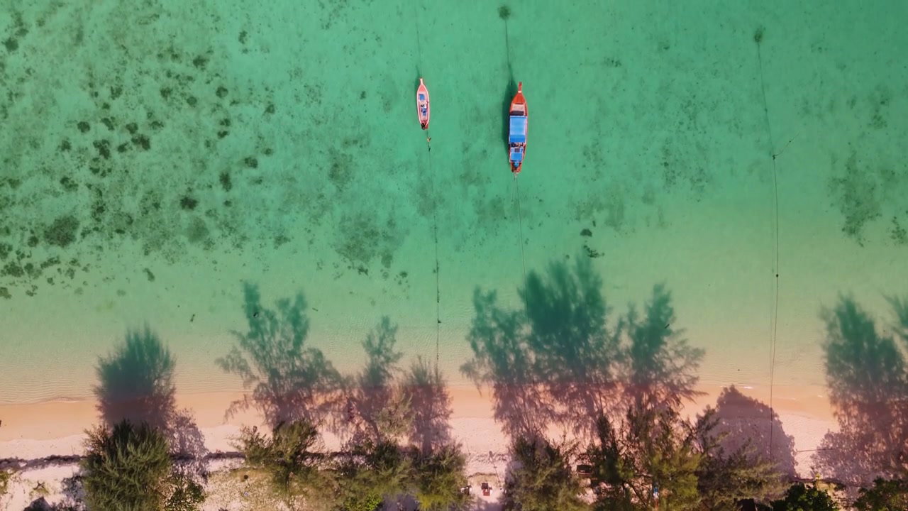 Azure Beach with Palm Tree Shadows and Boats