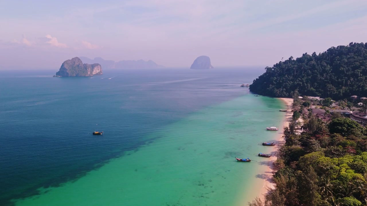 Tropical Island Beach with Boats and Azure Water