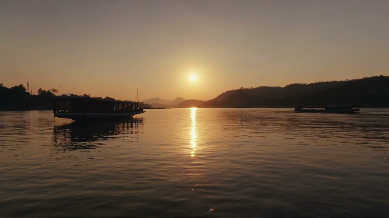 Mekong River Sunset With Boats