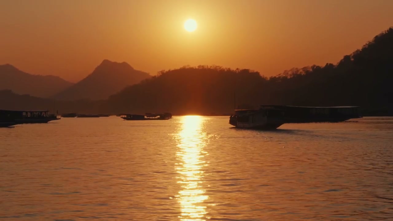 Mekong River Boats at Golden Sunset