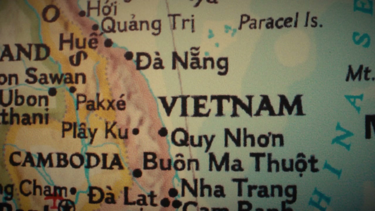 Retro World Map Zooming on Vietnam