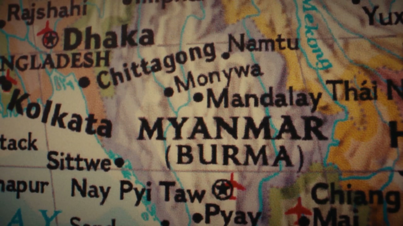 Retro World Map Close Up on Myanmar