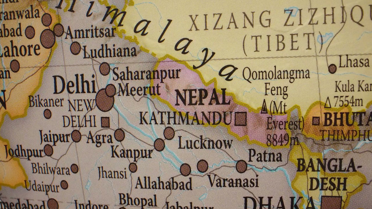 Close-Up of Nepal and India on World Map