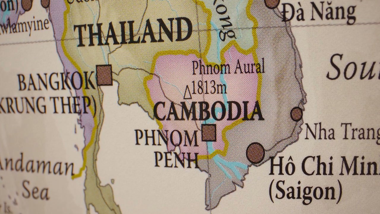 Close-up of Cambodia on a World Map