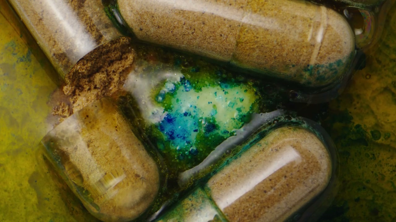 Close Up of Medicinal Capsules Dissolving