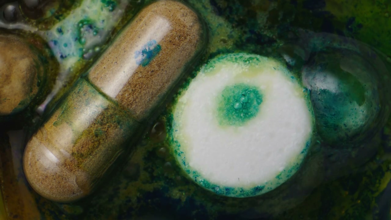 Pills Dissolving in Green Liquid