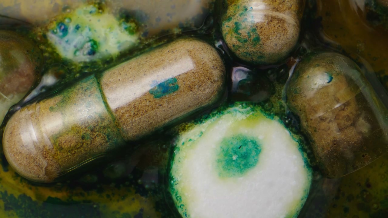 Dissolving Capsules in Colorful Liquid