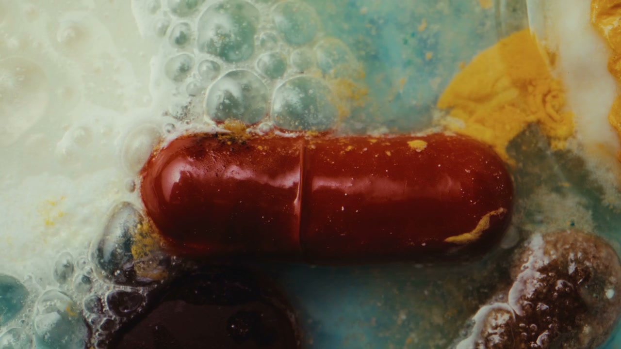 Red Capsule Dissolving in Colorful Liquid