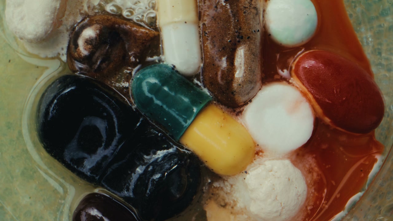 Colorful Pills Dissolving in Liquid
