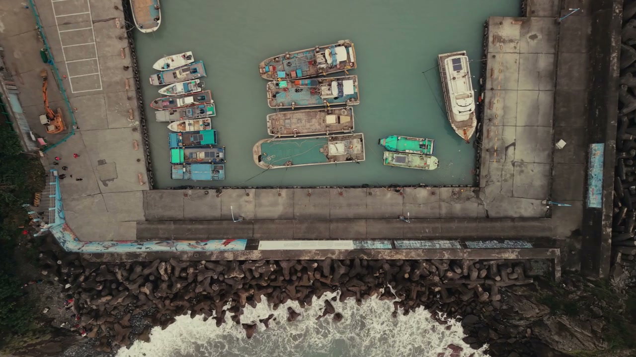 Aerial View of Fishing Boats in a Taiwanese Harbor