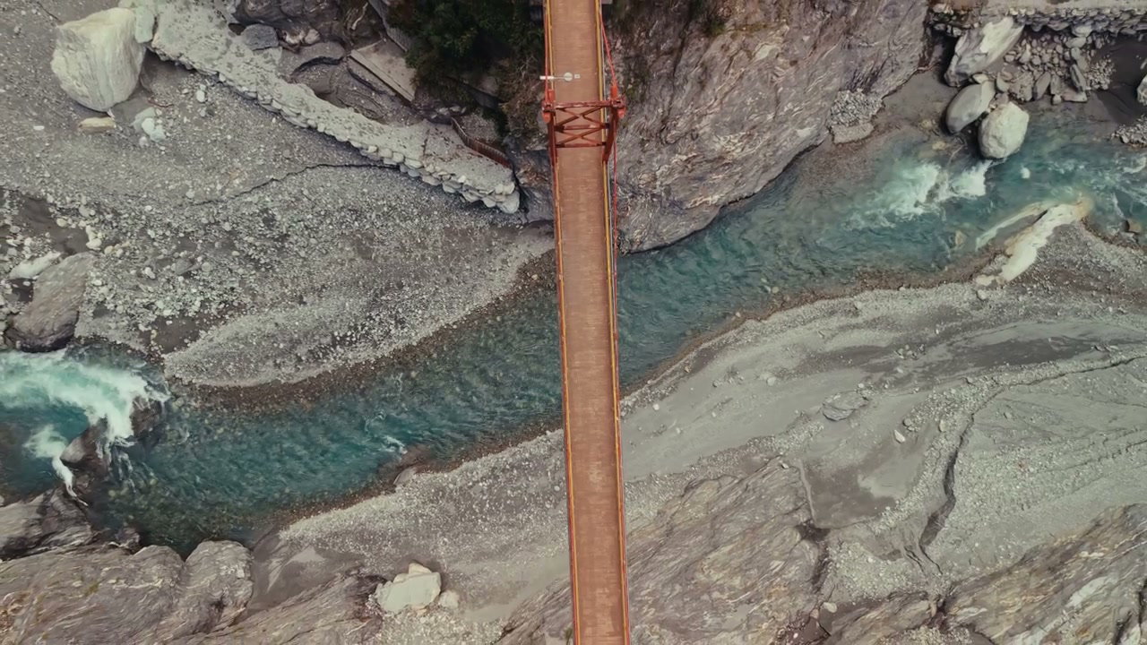 Aerial View of Suspension Bridge Over River in Taiwan