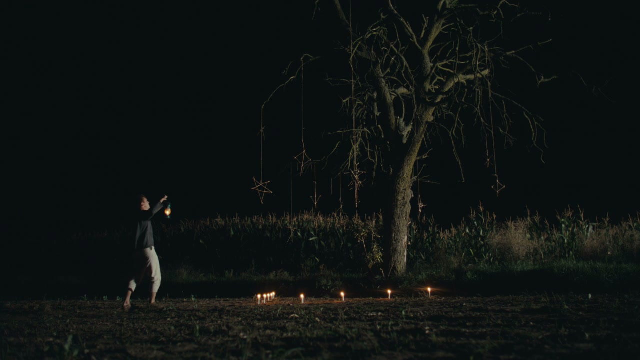Person Lights Lantern on Ritual Tree at Night
