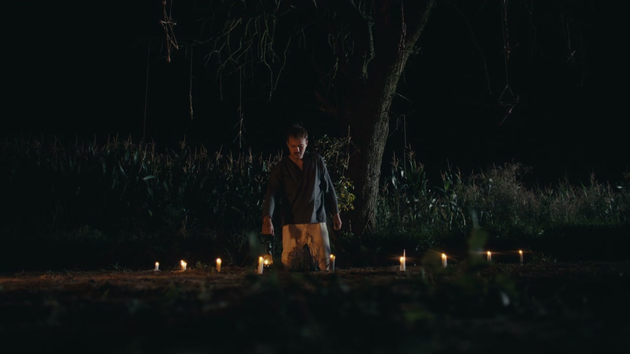Man Performing Ritual Under Tree at Night