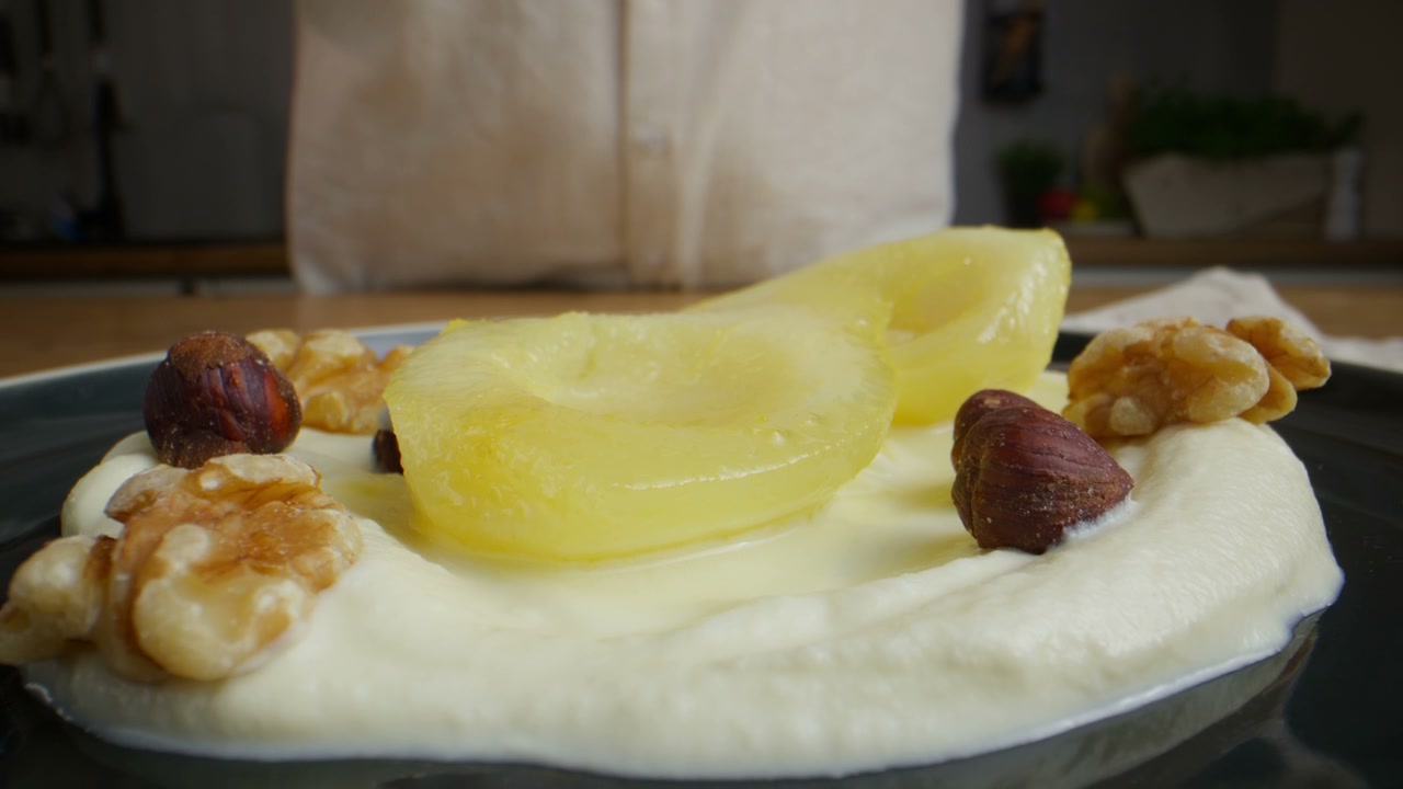 Poached Pear Dessert with Hazelnuts